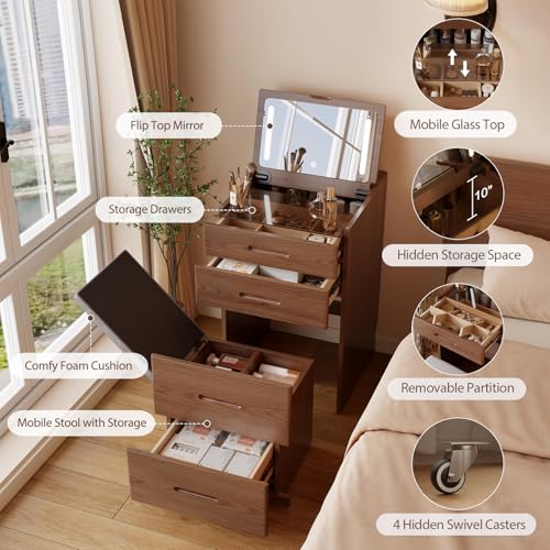 Solid Wood Small Makeup Vanity with Chair, Fully Assembled, Walnut, view 7