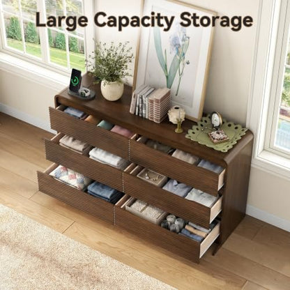 55" W Walnut Fluted 6-Drawer Dresser for Bedroom w/Power Outlet, view 6