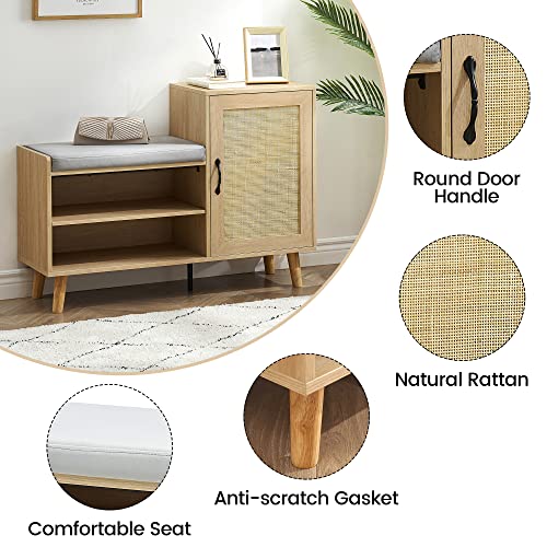 GAOMON 2-in-1 Natural Rattan Shoe Storage Bench with Upholstered, Shoe Cabinets with Adjustable Shelf, Home Entrance Shoe Rack for Hallway Living Room Bedroom Dorm and Small Apartment