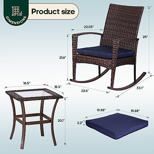 3 Piece Wicker Rocking Chair Patio Furniture Sets, Outdoor Wicker Bistro Rattan Chair Conversation Sets with Cushions and Coffee Table, Navy and Brown