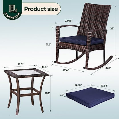 3 Piece Wicker Rocking Chair Patio Furniture Sets, Outdoor Wicker Bistro Rattan Chair Conversation Sets with Cushions and Coffee Table, Navy and Brown
