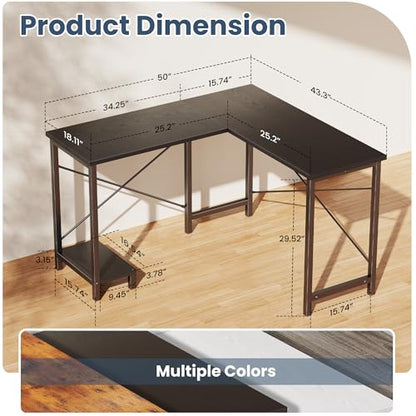 L Shaped Desk, Computer Gaming Desks Corner Office Table with CPU Shelf for Home Study Writing Work Station 50 Inch, Sturdy Modern Design, Ideal for PC Setup, Study, and Home Office Use, Black