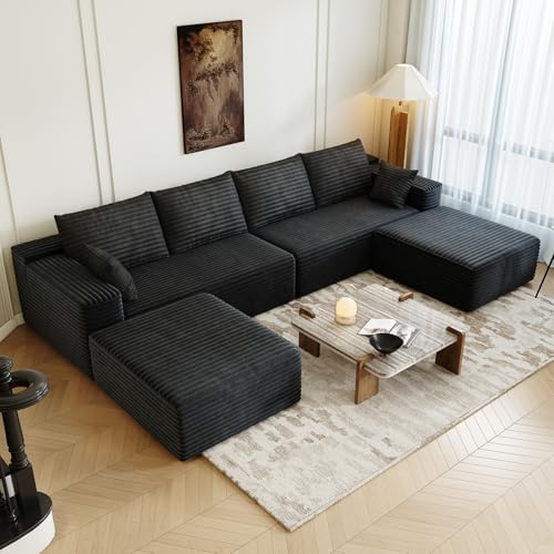 139.4" Modular Sectional Sofa, U-Shaped Minimalist Couches with 2 Ottomans Chaise, Modern Deep Seat Convertible Sleeper Sofa Bed,Cloud Plush Corduroy Fabric, No Assembly Required, 6 Seater, Black