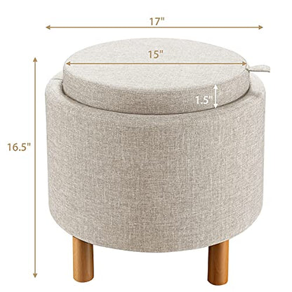 Round Storage Ottoman with Tray Lid, Accent Storage Footstool w/Soft Padding, Fabric Sitting Stool w/Solid Wood Legs & Non-Slip Pads, Tray Top Coffee Table for Living Room, Bedroom (Beige)