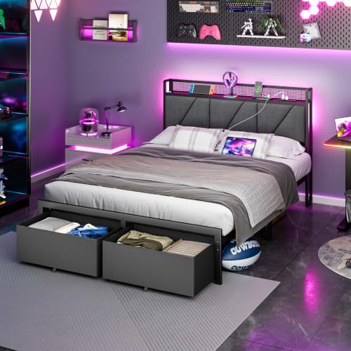 Queen Bed Frame with 2 Storage Drawers & Upholstered Headboard, view 5