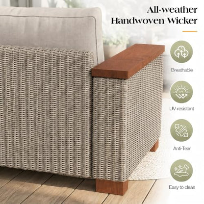 6-Piece Wicker Patio Furniture Set with Solid Wood Armrest, Outdoor Patio Set with Thick Legs, UV-Resistant Modular Outdoor Sectional Sofa for Backyard, Porch, Garden