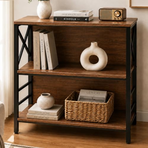 Book Shelf, Small 3-Tier Industrial Bookshelf with Strong Metal Frame & Backboard, 29.5" Short Bookcase for Small Spaces, Living Room, Bedroom and Home Office, Brown