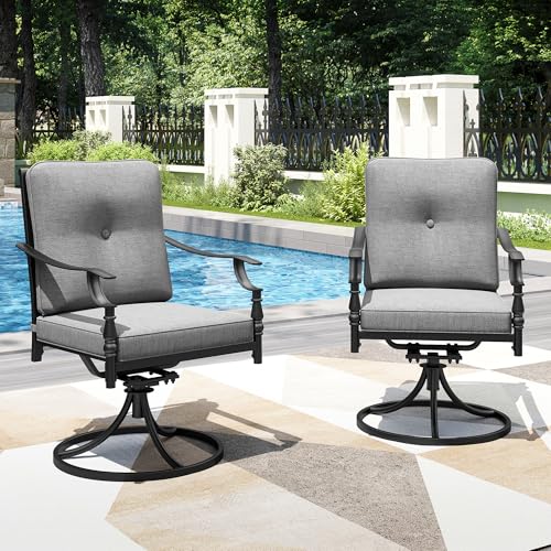 Outdoor Steel Swivel Dining Chairs Set of 2, Heavy-Duty Rustproof Black Wrought Iron Armchairs with Thick Cushions, Large Seating Furniture for Patio, Deck, Backyard, Porch