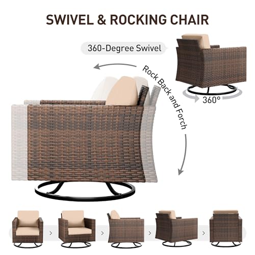Patio Furniture Set, 5 Pieces Outdoor Conversation Sets with Rocking Swivel Chairs, Wicker Rattan Outdoor Sofa Set with Storage Table and Waterproof Covers for Backyard, Deck, Porch, Khaki