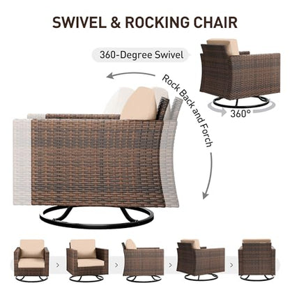 Patio Furniture Set, 5 Pieces Outdoor Conversation Sets with Rocking Swivel Chairs, Wicker Rattan Outdoor Sofa Set with Storage Table and Waterproof Covers for Backyard, Deck, Porch, Khaki