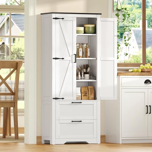 66.1" H Storage Cabinet with 2 Drawers, Farmhouse Kitchen Pantry Cabinet with 2 Doors & Adjustable Shelf, Bathroom Cabinet, for Living Room, Kitchen, Bathroom, White
