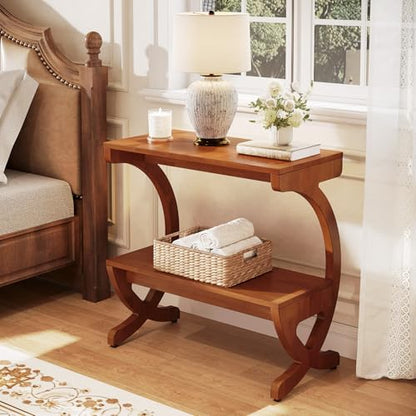 Tribesigns 2pcs Wood Nightstand, Mid-Century Modern Bedside Table with 2-Tier Storage and Curved Crossed Legs, Narrow End Table for Bedroom, Living Room, Easy Assembly, Walnut Color (2)