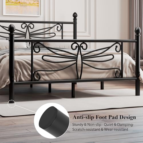 E-Ser Full Size Bed Frame, Metal Platform Bed with Dragonfly Pattern, Black, view 6