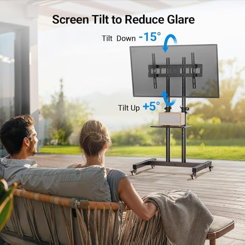 Rolling TV Stand on Wheels for 32-83 Inch Screens up to 110lbs, Mobile TV Cart Height Adjustable Portable Outdoor TV Stand Tilt Rolling TV Cart with Shelf Max VESA 600x400mm PSTVMC03