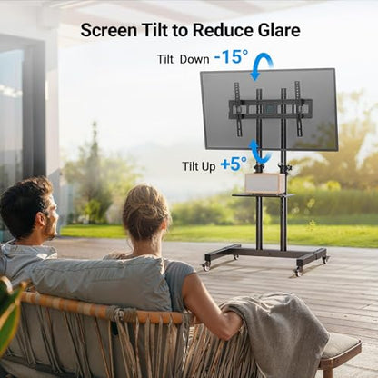 Rolling TV Stand on Wheels for 32-83 Inch Screens up to 110lbs, Mobile TV Cart Height Adjustable Portable Outdoor TV Stand Tilt Rolling TV Cart with Shelf Max VESA 600x400mm PSTVMC03