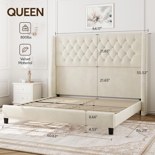 Queen Upholstered Bed Frame, 55.4'' Tall Headboard with Wingback, view 3