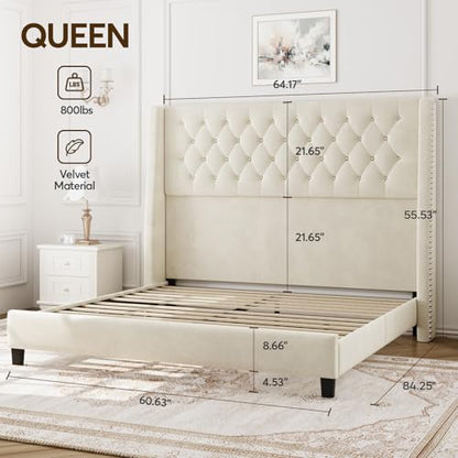 Queen Upholstered Bed Frame, 55.4'' Tall Headboard with Wingback, view 3