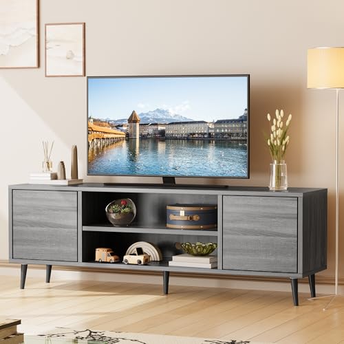 Mid Century Modern TV Stand for 65 inch TV, Entertainment Center with Storage, Media Console with Sturdy Legs, Push-to-Open Cabinets, Wooden Living Room Furniture, Bright Gray