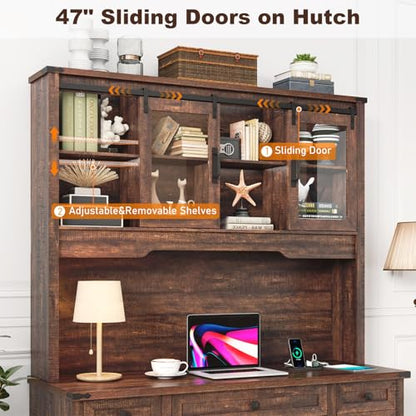76" Height Farmhouse Desk with Sliding Door Hutch, view 6