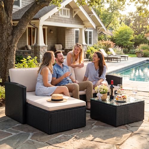 Patio Sofa,Outdoor Furniture Set 4 Pieces,Wicker Sectional Couch with Glass Desktop and 75.9in Wide Backrest for Backyard, Deck,Porch & Poolside(Black)