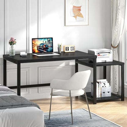 Large Home Office Desk, Black Computer Desk with Storage Shelves, Modern Wood Writing Study Gaming Table for Bedroom Living Room, 63 Inch