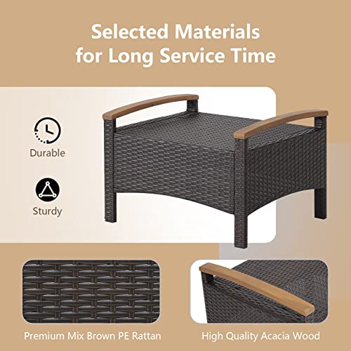 Outdoor Wicker Ottomans for Patio - 2 Pieces PE Rattan Ottoman, Footrest Seat with Zippered Cushions, Acacia Wood Handles, 3-in-1 Footstool, Side Table for Poolside, Backyard (Brown)