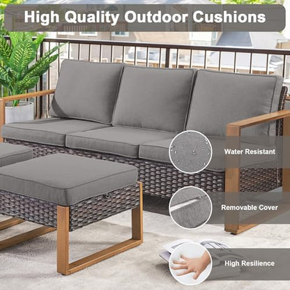 5 Piece Outdoor Wicker Patio Conversation Furniture Set Deep Seating, Metal Wide Armrests Patio Sofa Set with Rattan Chairs Ottomans for Porch Deck Sunroom Backyard