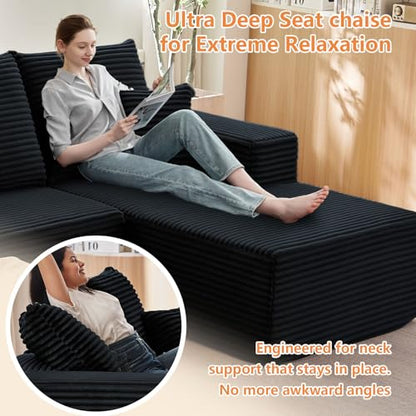 Sectional Couches for Living Room Cloud Couch Sofa with L-Shape Couch in a Box Upholstered Boneless Couchs Modern Modular Sectional Couch with Chaise(Black,3 Seater-Right-Facing Chaise-96)