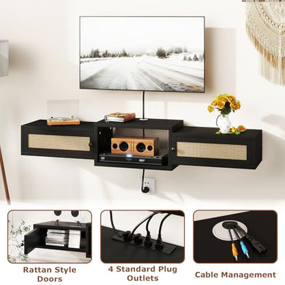 Modern Rattan Floating TV Stand with Doors, view 7