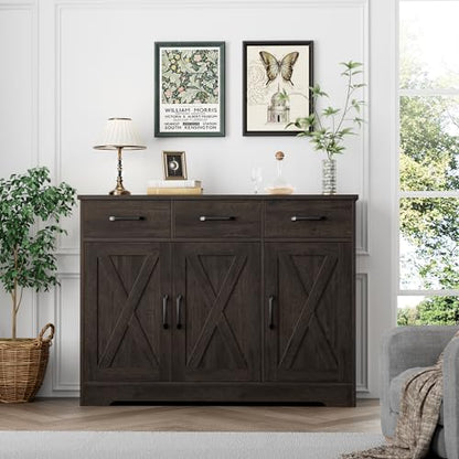 Modern Farmhouse Buffet Sideboard Cabinet, Barn Doors Storage Cabinet with Drawers and Shelves, Wood Coffee Bar with Storage for Dining Room, Kitchen, Living Room, Dark Brown
