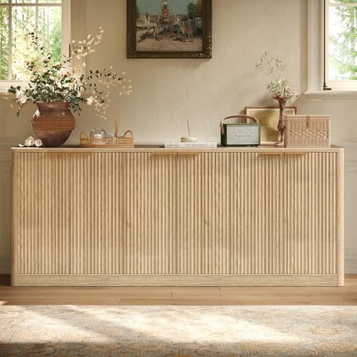 67" Fluted Oak Buffet Cabinet Sideboard with Storage, Large Credenza with 6 Doors, Wood Mid Century Modern Sideboard for Kitchen and Living Room (67"*31.5"*15.7")