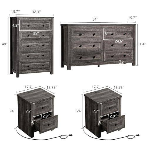 5-Piece Farmhouse Bedroom Set, 1 X Queen Size Bed Frame, 1 X 5 Drawer Dresser, 1 X Wood Rustic 6 Drawer Storage Dresser, Nightstand Set of 2 with Charging Station, Bedroom Furniture Set, Grey