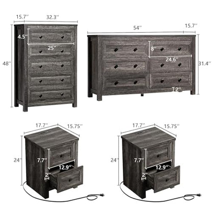 5-Piece Farmhouse Bedroom Set, 1 X Queen Size Bed Frame, 1 X 5 Drawer Dresser, 1 X Wood Rustic 6 Drawer Storage Dresser, Nightstand Set of 2 with Charging Station, Bedroom Furniture Set, Grey