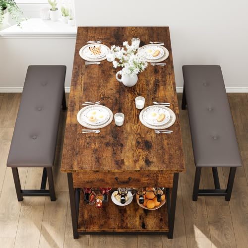 Dining Table Set for 4, Dining Room Table with Storage Drawers & Wine Rack, Kitchen Dining Table Set with Upholstered Benches for Dining Room-Retro Brown