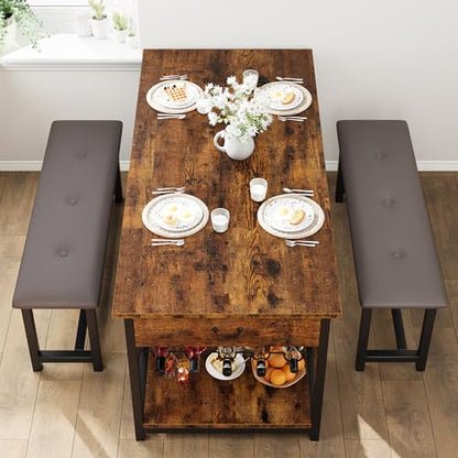 Dining Table Set for 4, Dining Room Table with Storage Drawers & Wine Rack, Kitchen Dining Table Set with Upholstered Benches for Dining Room-Retro Brown
