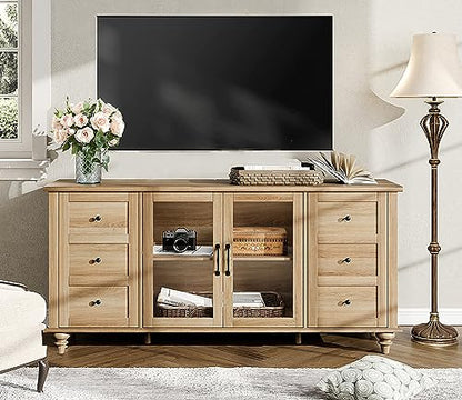 Farmhouse TV Stand for TVs Up to 65 inch, Wood TV Console Table with Storage Cabinets & Glass Door, Entertainment Center for 32-75 inch TV Console Cabinet, 58", Oak