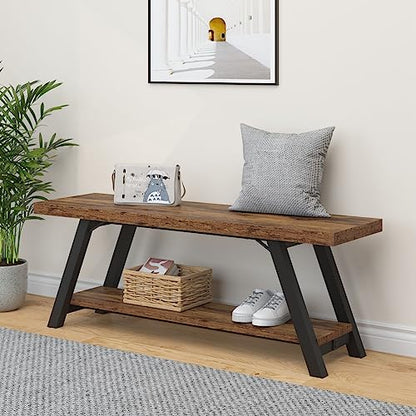 Wood Bench, Industrial Storage Entryway Indoor Bench for Bedroom Hallway Living Room, Rustic Famhouse Wooden Metal Shoe Rack Accent Foyer Bench Seat for Entrance Sitting, Rustic Brown, 47 in Long