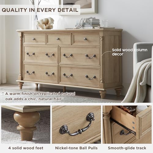 Farmhouse 7-Drawer Dresser with Solid Wood Feet, Natural Oak, view 4