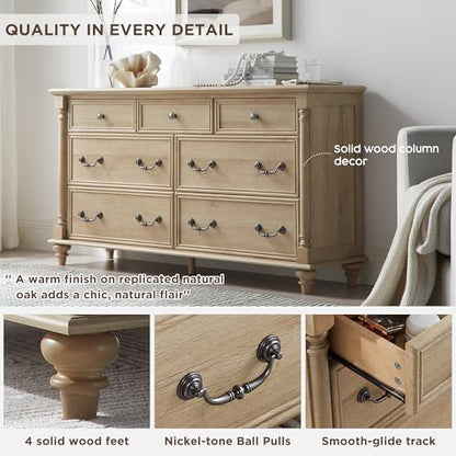 Farmhouse 7-Drawer Dresser with Solid Wood Feet, Natural Oak, view 4