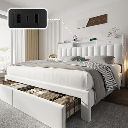 Queen Bed Frame White with Storage, view 2