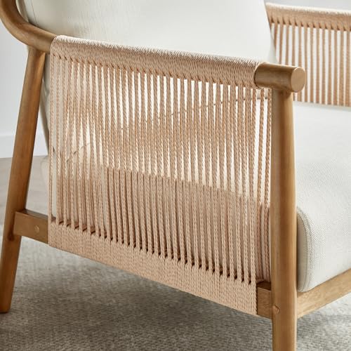 CHITA Braid Accent Chair with Wood Frame and Paper Cord Armrest, Cream | Boho Reading Armchair, FSC Certified Solid Wood Living Room Chair, Bedroom, 33.1"Dx26.4"Wx35.4"H, 300 Lb Capacity