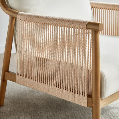 CHITA Braid Accent Chair with Wood Frame and Paper Cord Armrest, Cream | Boho Reading Armchair, FSC Certified Solid Wood Living Room Chair, Bedroom, 33.1"Dx26.4"Wx35.4"H, 300 Lb Capacity