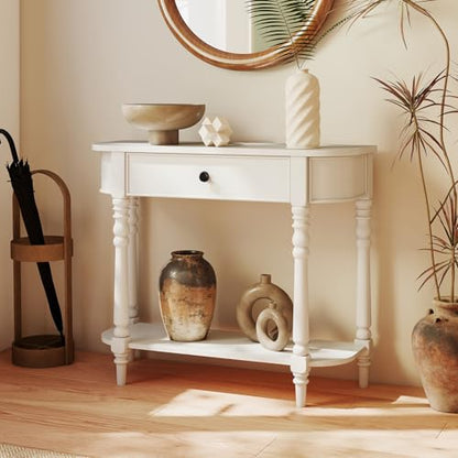 2-Tier Narrow Console Table, 36" White Entryway Table with Storage Drawer & Elegant Legs, Wooden Sofa Table with Open Shelf for Living Room, Foyer, Hallway, Bedroom, Entrance