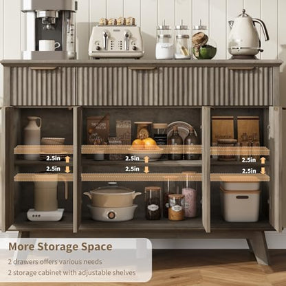 Fluted Sideboard Buffet Cabinet with Charging Station, 47.2" Kitchen Storage Cabinet with Drawers and Adjustable Shelves, Modern Coffee Bar Kitchen Table for Dining Room, Living Room, Grey