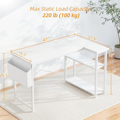 L Shaped Computer Desk with Power Outlets, 47 Inch Small Corner Desk with Reversible Shelves, Gaming Desk Computer Table Study Writing Desk for Home Office Small Space, White