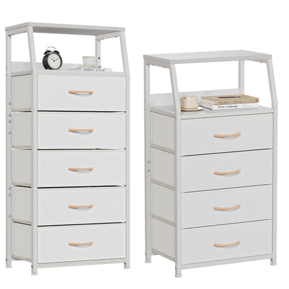 White Dresser with Drawers, Vertical Storage Tower Fabric Dresser for Bedroom, Hallway, Entryway, Nursery, Closet Organizer, Nightstand Bedside Table Furniture, Sturdy Steel Frame, Wood Top