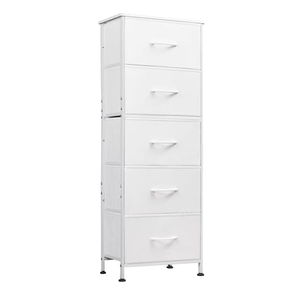 Tall Dresser for Bedroom, 5 Drawer Dresser, White, 5 vertical fabric drawers