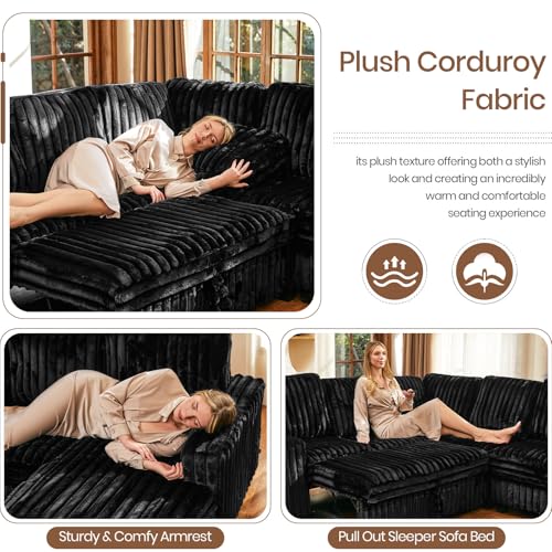 Oversized Sofa Bed Modular Sectional Sleeper Sofa with Pull Out Bed L Shaped Couch with Storage Chaise Black Couch