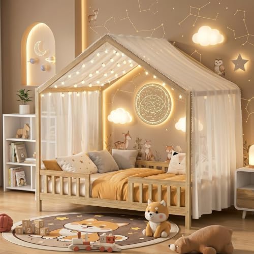 Full Montessori House Bed with High Rails & Canopy for Kids, Natural, view 2