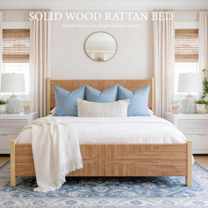 Solid Wood Rattan King Bed Frame with Tall Headboard and Footboard, view 4